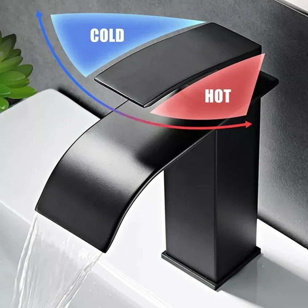 Black matte waterfall bathroom faucet single hole with sleek modern design for contemporary bathroom settings