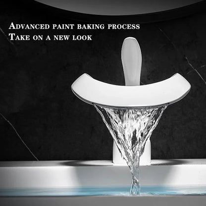 Modern white ceramic deck mounted single hole bathroom faucet with sleek curved spout and cold water mixer brass body