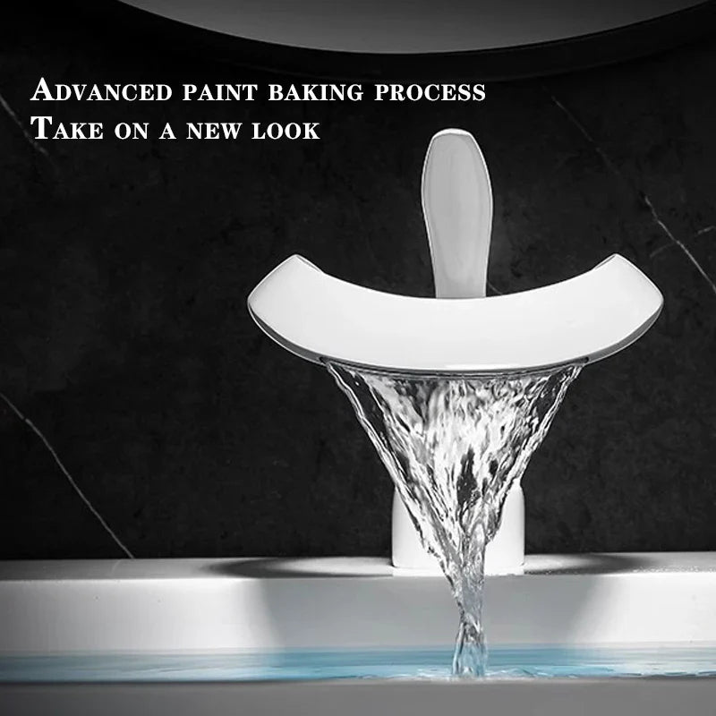 Modern white ceramic deck mounted single hole bathroom faucet with sleek curved spout and cold water mixer brass body