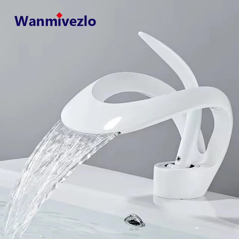 White ceramic waterfall single hole deck mounted bathroom basin faucet with cold water brass body and modern design