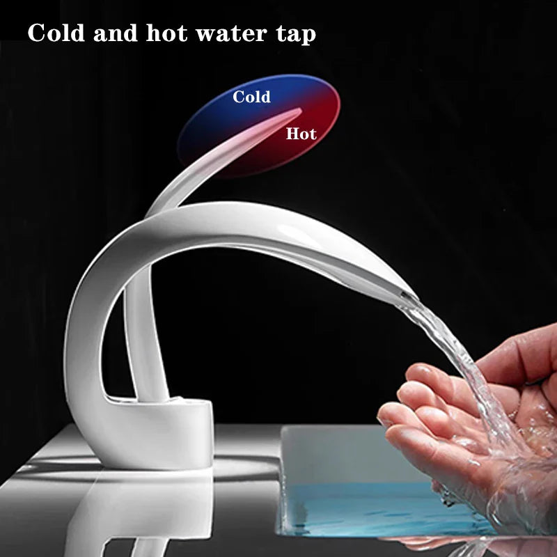 Modern white ceramic deck mounted single hole bathroom basin faucet with brass body and dual cold water and hot knobs