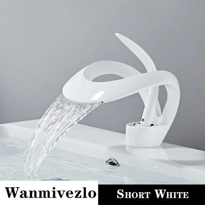 White short waterfall deck mounted bathroom basin faucet with glossy brass body single hole mixer for hot cold water