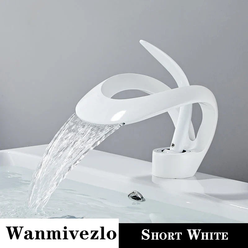White short waterfall deck mounted bathroom basin faucet with glossy brass body single hole mixer for hot cold water