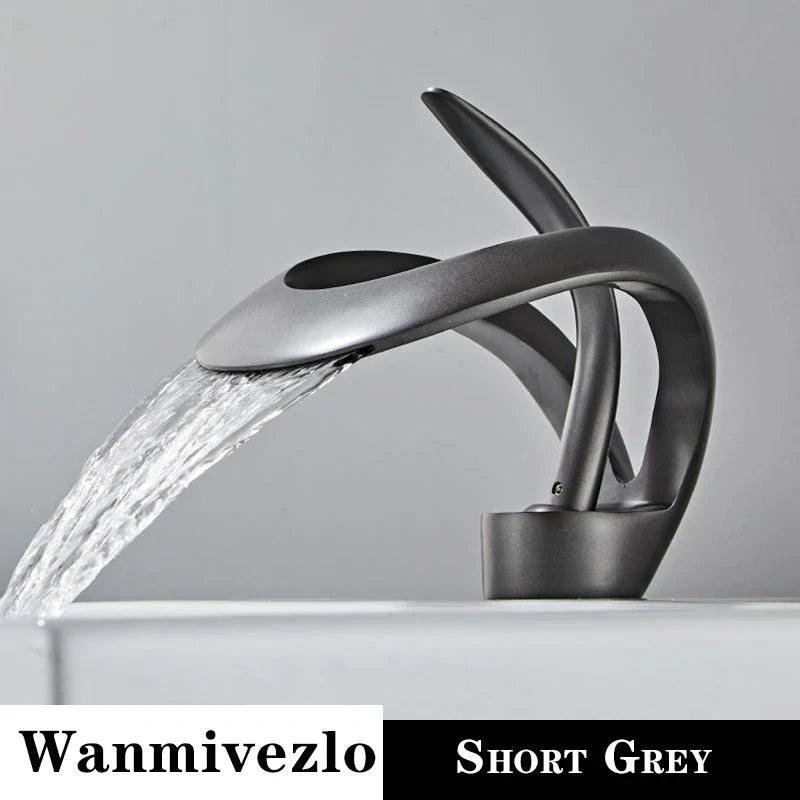 Modern matte grey deck mounted waterfall bathroom basin faucet with single hole brass body for hot cold water mixing