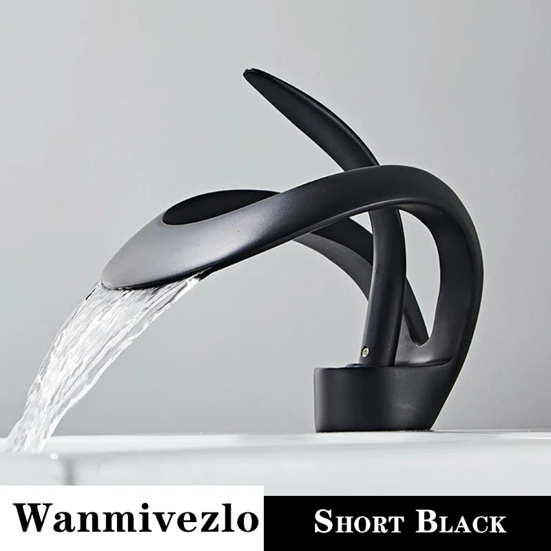 Black matte waterfall single hole deck mounted bathroom faucet with brass body mixer for hot and cold water