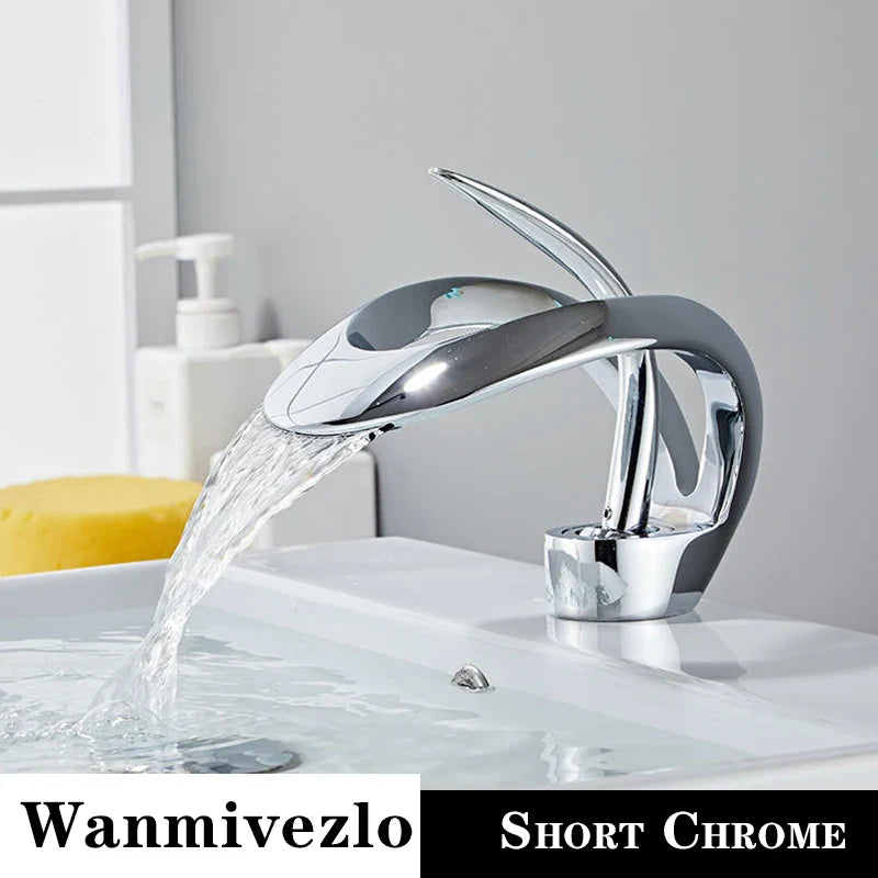 Chrome finished deck mounted single hole waterfall faucet with sleek curved spout and brass body for cold water mixing