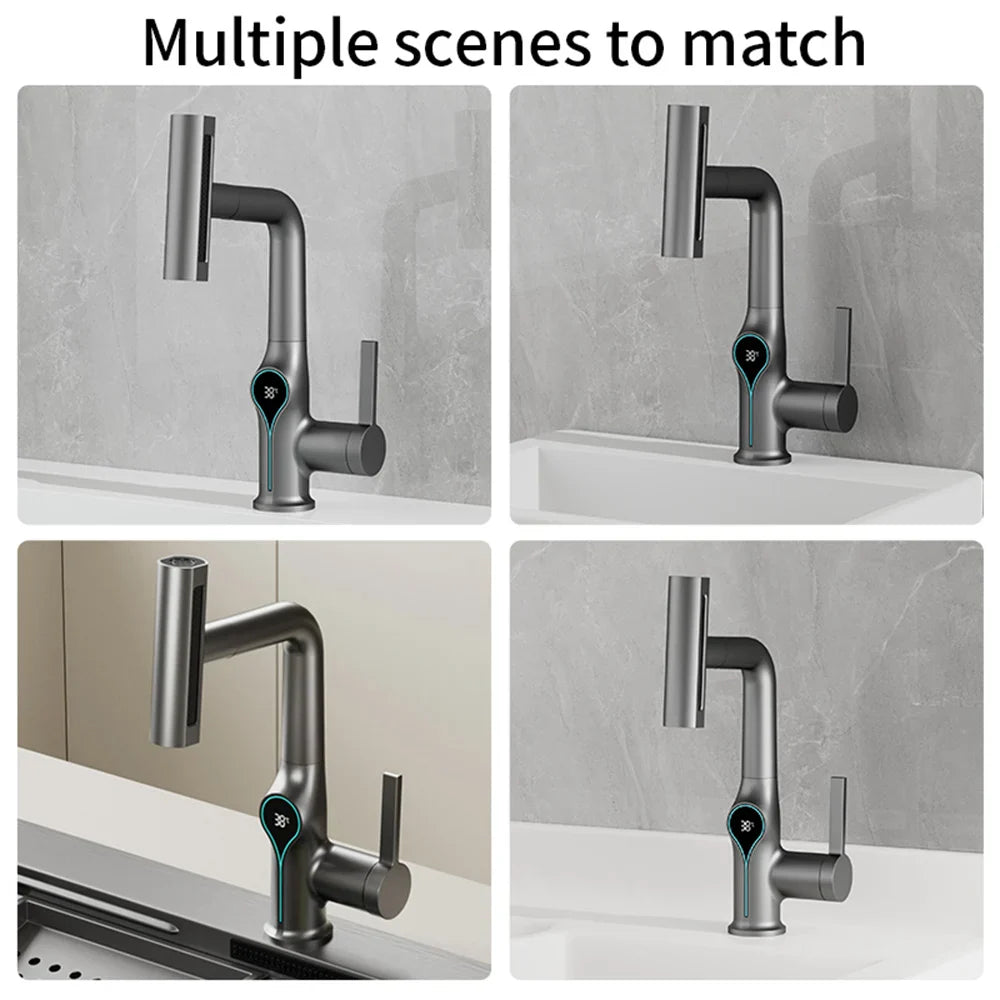 Modern matte black smart basin faucet with digital temperature display and sleek minimalist design for bathroom sink