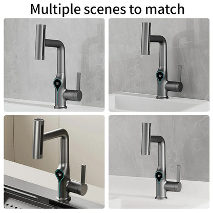 Modern matte black smart basin faucet with digital temperature display and sleek minimalist design for bathroom sink