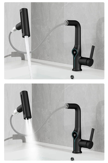 Black matte-finish waterfall temperature digital display basin faucet with flexible spray head for bathroom sink mixer
