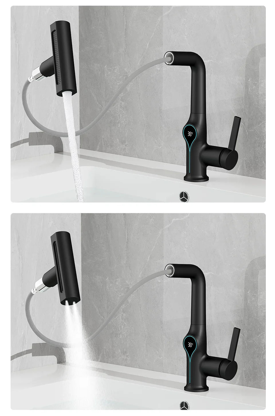 Black matte-finish waterfall temperature digital display basin faucet with flexible spray head for bathroom sink mixer