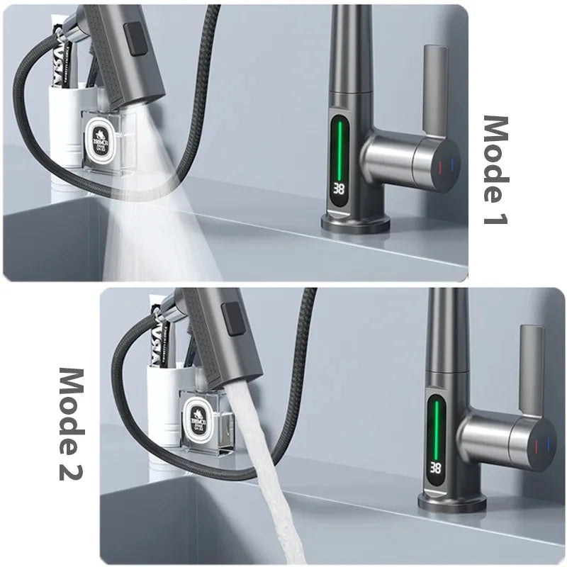 Modern stainless steel single hole bathroom faucet with digital temperature display showing 38 degrees for hot cold water