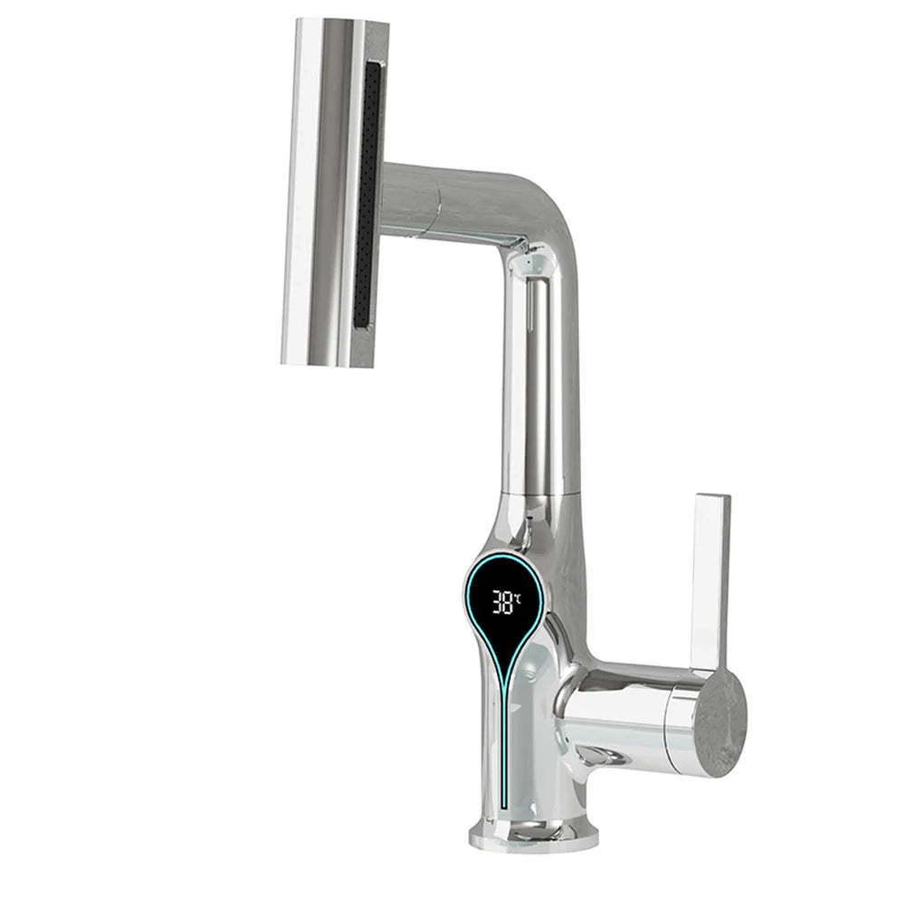 Chrome finished waterfall temperature digital display basin faucet with pull down spray head for hot cold water sink use