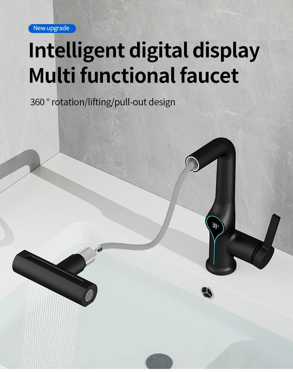 Black intelligent digital display waterfall faucet with turquoise lighting for bathroom basin sink mixer tap