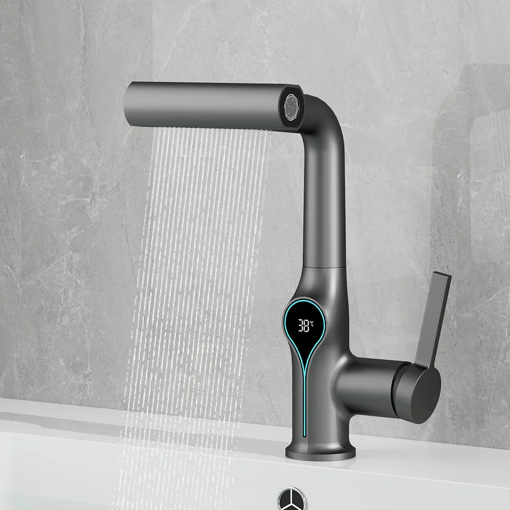 Modern matte black basin faucet with sleek curved spout and digital temperature display showing 38°c for bathroom use