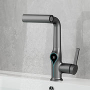 Modern matte black basin faucet with sleek curved spout and digital temperature display showing 38°c for bathroom use