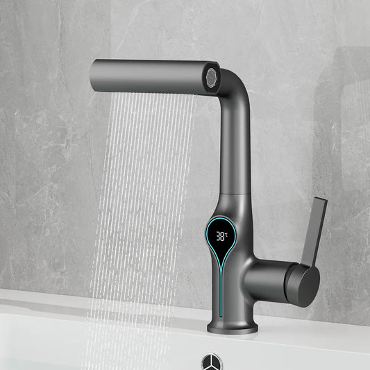 Modern matte black basin faucet with sleek curved spout and digital temperature display showing 38°c for bathroom use