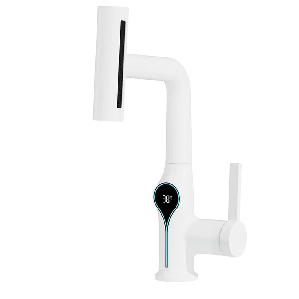 White modern waterfall temperature digital display basin faucet with sleek minimalist design and lift up down sprayer