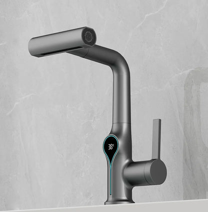 Modern matte black waterfall temperature digital display basin faucet with lift up down sprayer for bathroom sink