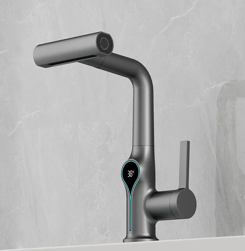 Modern matte black waterfall temperature digital display basin faucet with lift up down sprayer for bathroom sink