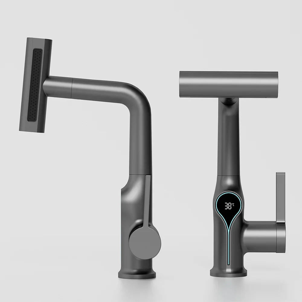 Modern matte black smart kitchen basin faucet with integrated digital temperature display and waterfall stream sprayer