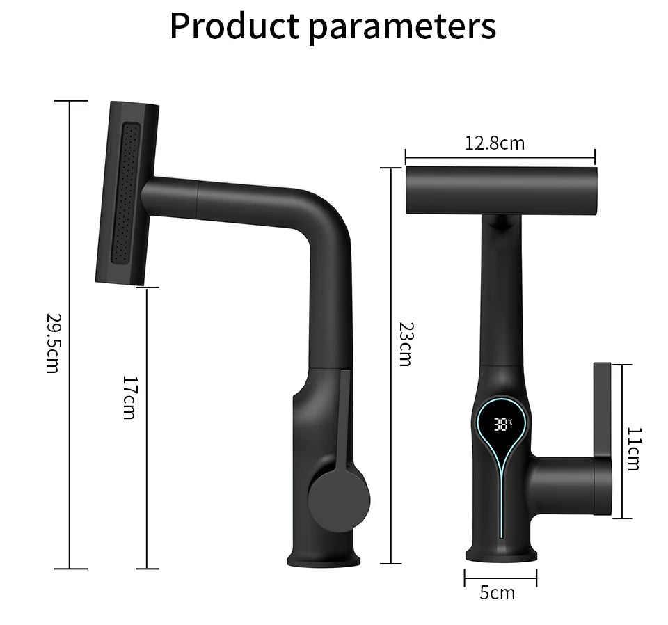 Black matte smart kitchen faucet with digital display showing 38°c and integrated spray head for bathroom sink
