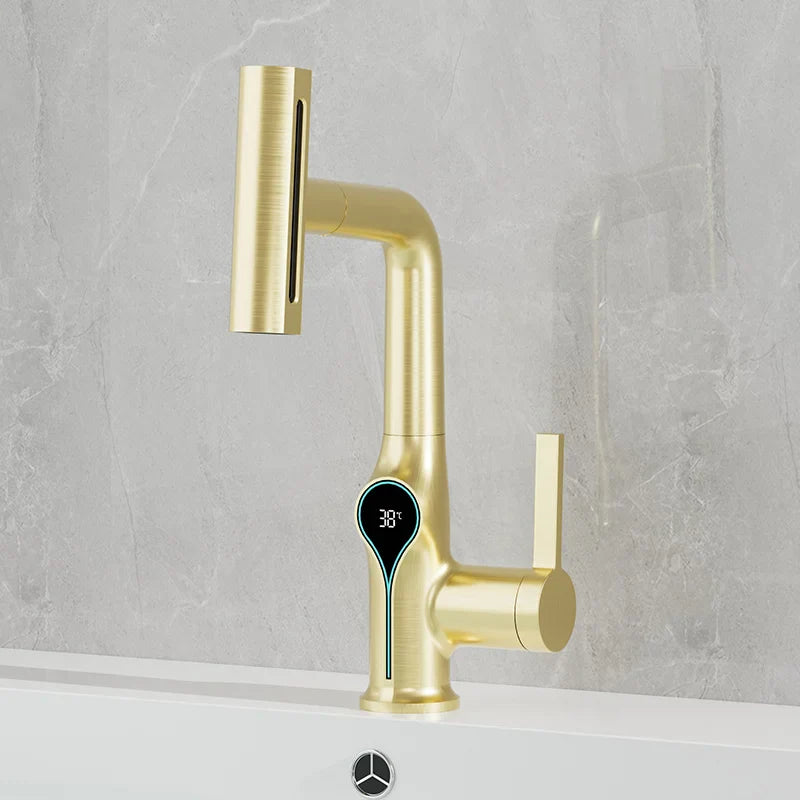 Gold-colored smart basin faucet with digital temperature display 38 degrees waterfall design for bathroom sink