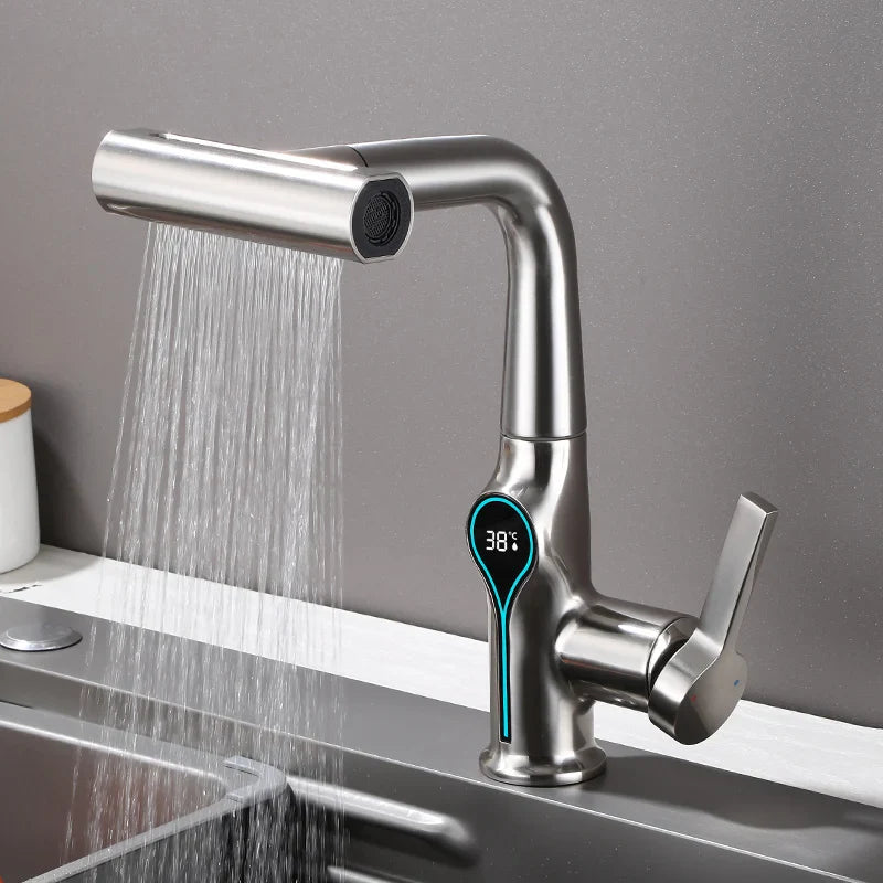 Stainless steel waterfall basin faucet with digital temperature display 38 c and adjustable spray head for bathroom sink
