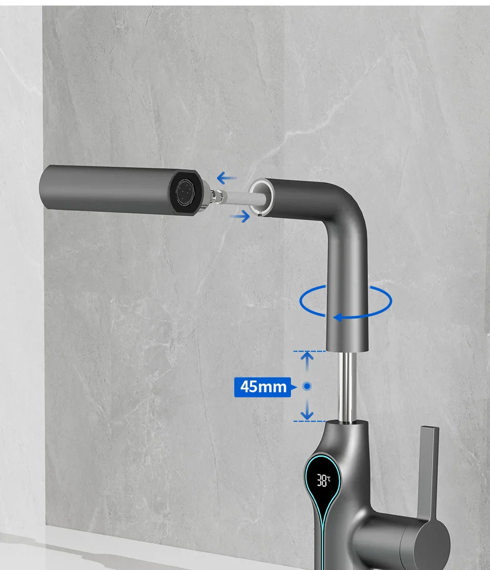 Modern matte gray waterfall basin faucet with sleek curved spout and digital temperature display for bathroom sink