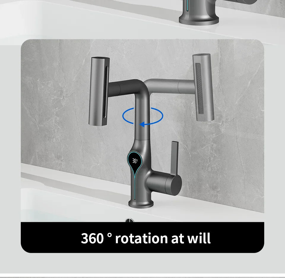 Modern matte gray basin faucet with sleek angular design and digital temperature display for bathroom sink mixer