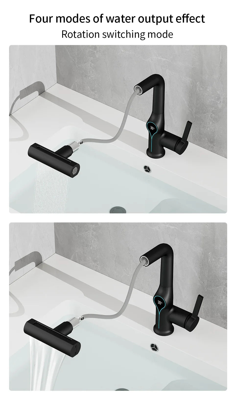Black waterfall basin faucet with digital temperature display and rotating handle for four water modes integrated mixer
