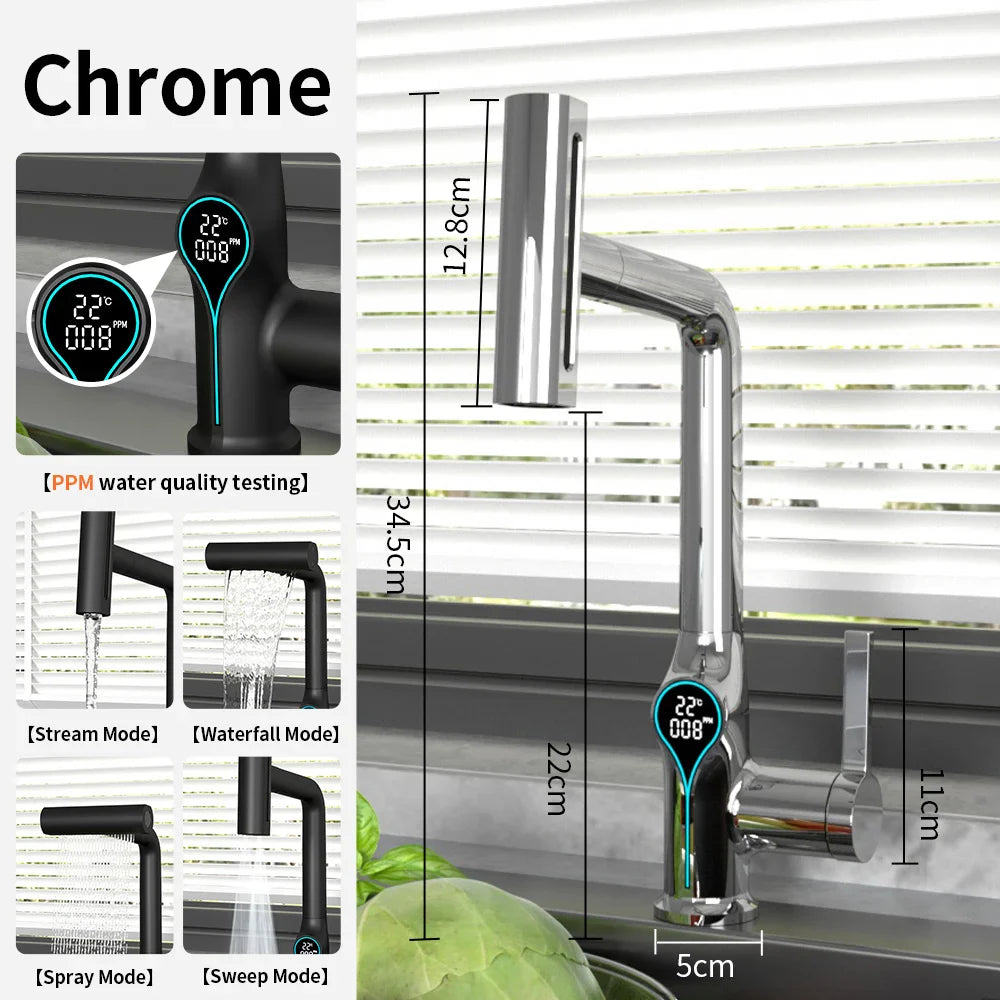 Chrome-finished smart bathroom basin faucet with digital display showing temperature and water quality readings