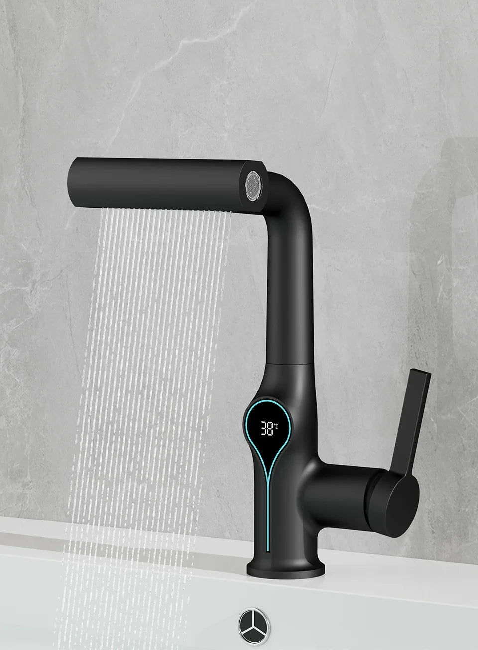 Black matte finish smart waterfall temperature digital display basin faucet with curved spout and hot cold water mixer