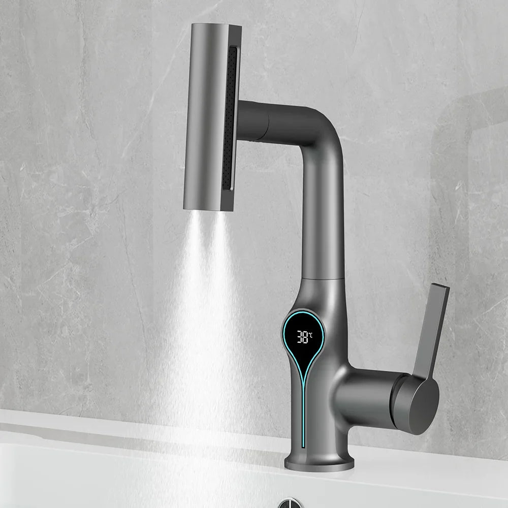 Modern matte gray smart basin faucet with digital temperature display and integrated spray nozzle for bathroom use