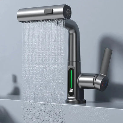 Modern brushed stainless steel single hole basin faucet with digital water temperature display for cold and hot water use