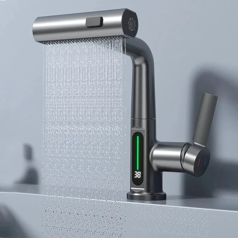 Modern brushed stainless steel single hole basin faucet with digital water temperature display for cold and hot water use