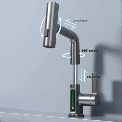 Modern brushed stainless steel single hole basin faucet with digital temperature display and cold water control
