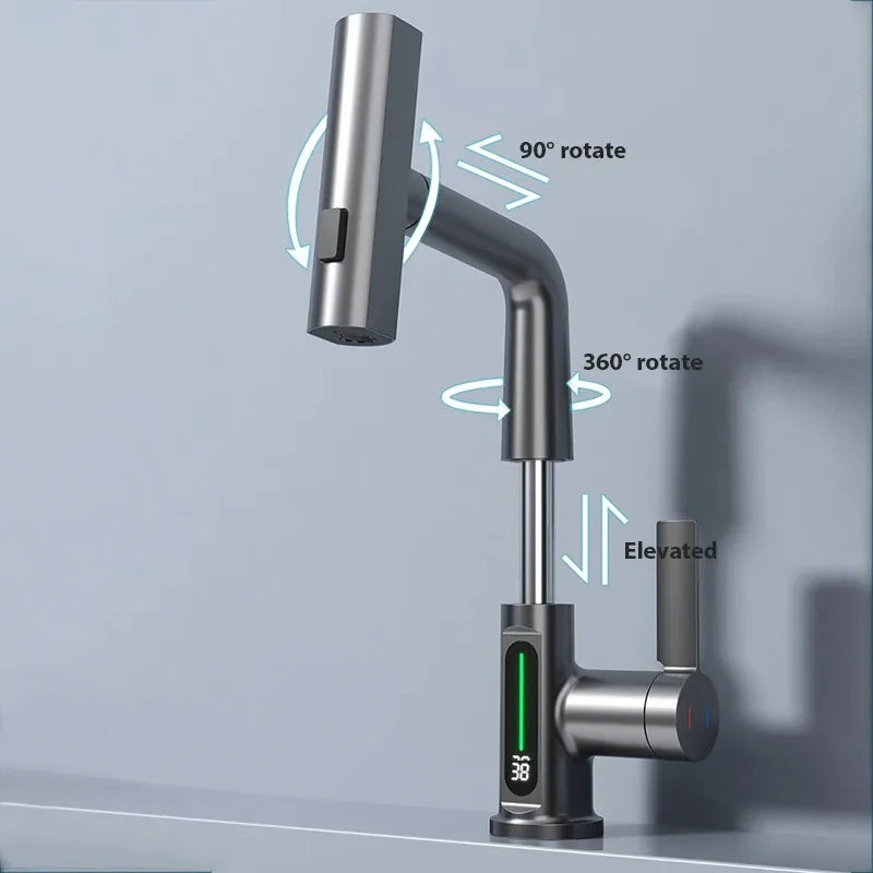 Modern brushed stainless steel single hole basin faucet with digital temperature display and cold water control