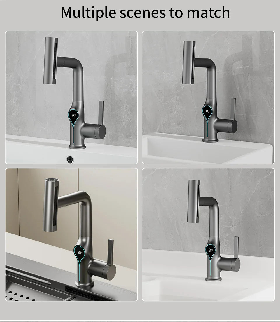 Modern matte black basin faucet with digital temperature display handle and sleek minimalist design for bathroom use