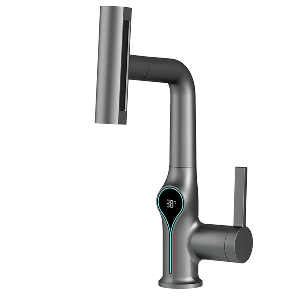 Modern matte gray smart bathroom faucet with digital temperature display 38c and integrated spray head for sink use
