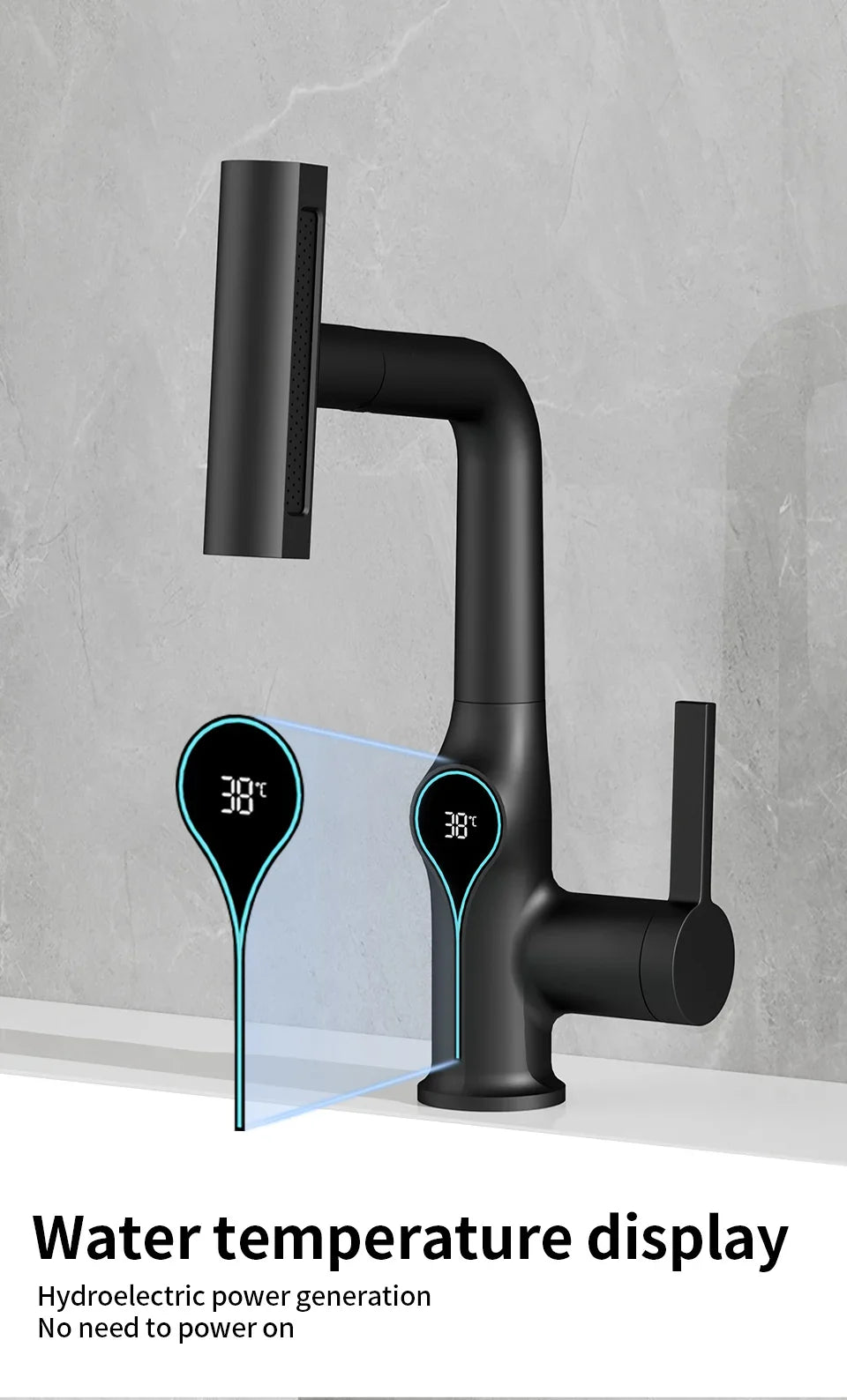 Black matte smart basin faucet with digital temperature display and hydroelectric power generation for bathroom use