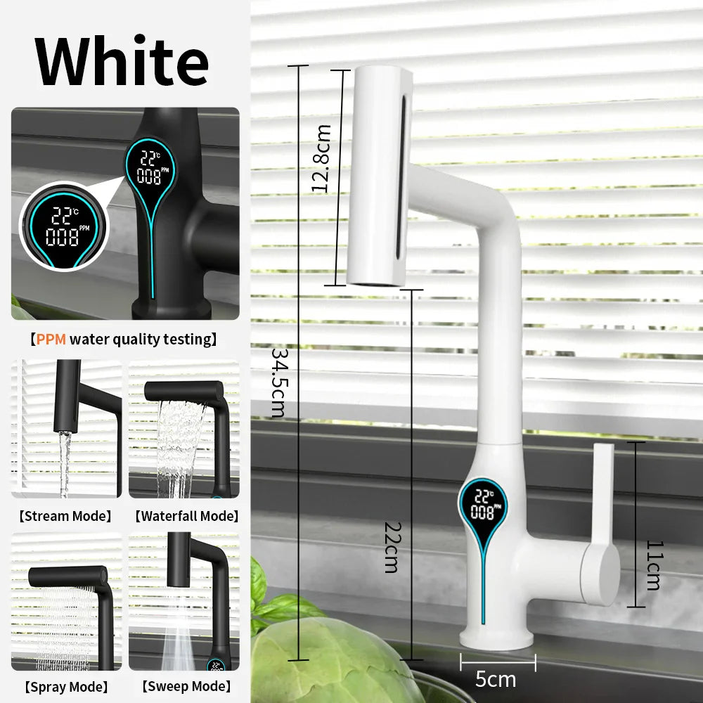 White smart kitchen faucet with digital display showing temperature and water quality and multiple spray modes