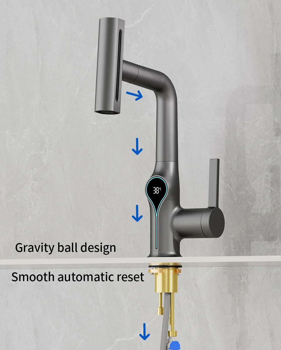 Modern matte gray waterfall basin faucet with sleek curved spout and digital temperature display for bathroom sink