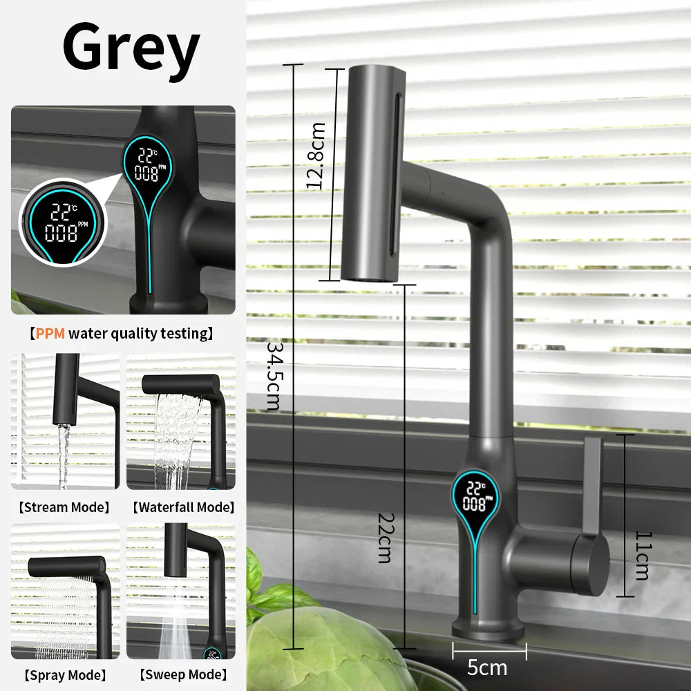 Modern grey digital display basin faucet with temperature and water quality readings for bathroom sink use