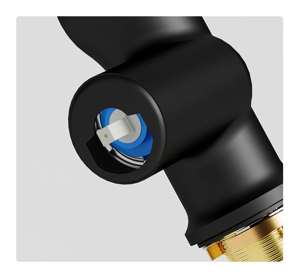 Black matte-finish waterfall temperature digital display basin faucet showing blue and white internal mechanism through opening