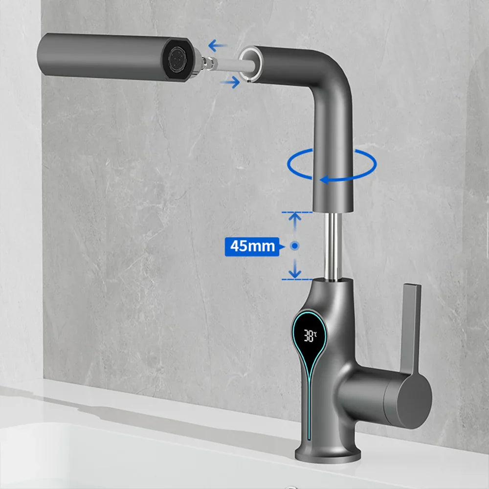 Modern matte gray basin faucet with sleek curved spout and digital temperature display for bathroom sink use