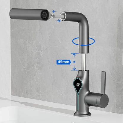 Modern matte gray basin faucet with sleek curved spout and digital temperature display for bathroom sink use