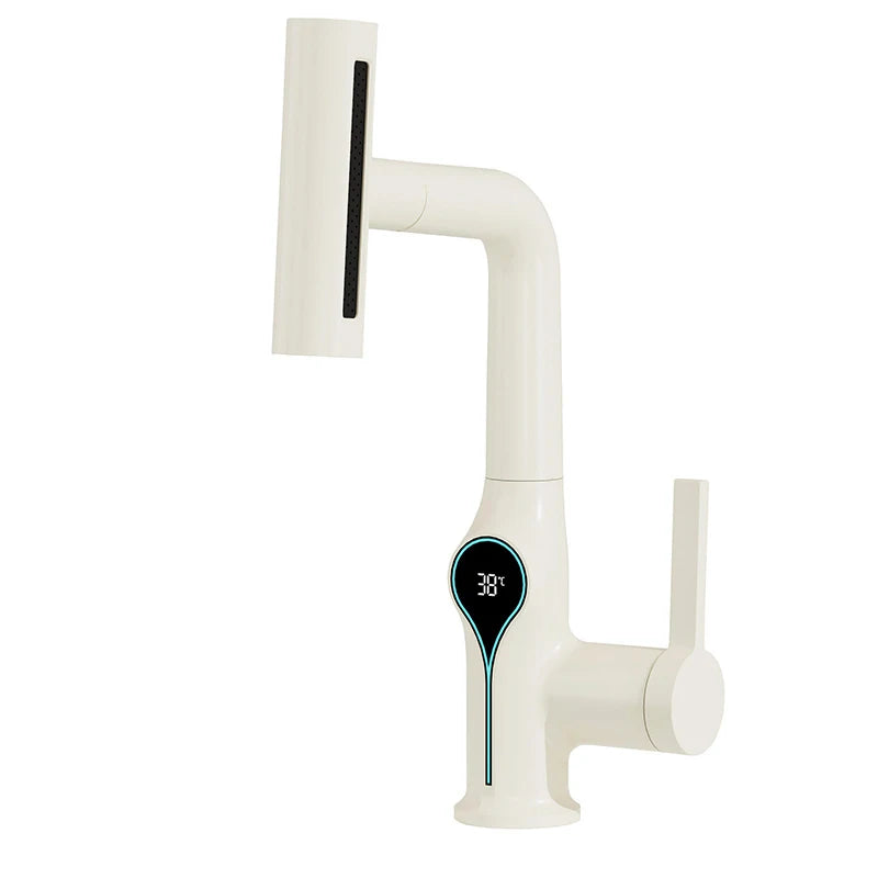Modern white smart waterfall basin faucet with digital temperature display 38°C and minimalist design for bathroom