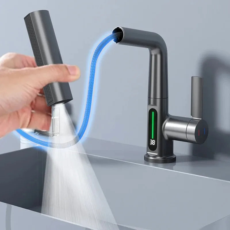 Modern matte black single hole basin faucet with digital temperature display and flexible spray nozzle for cold water use