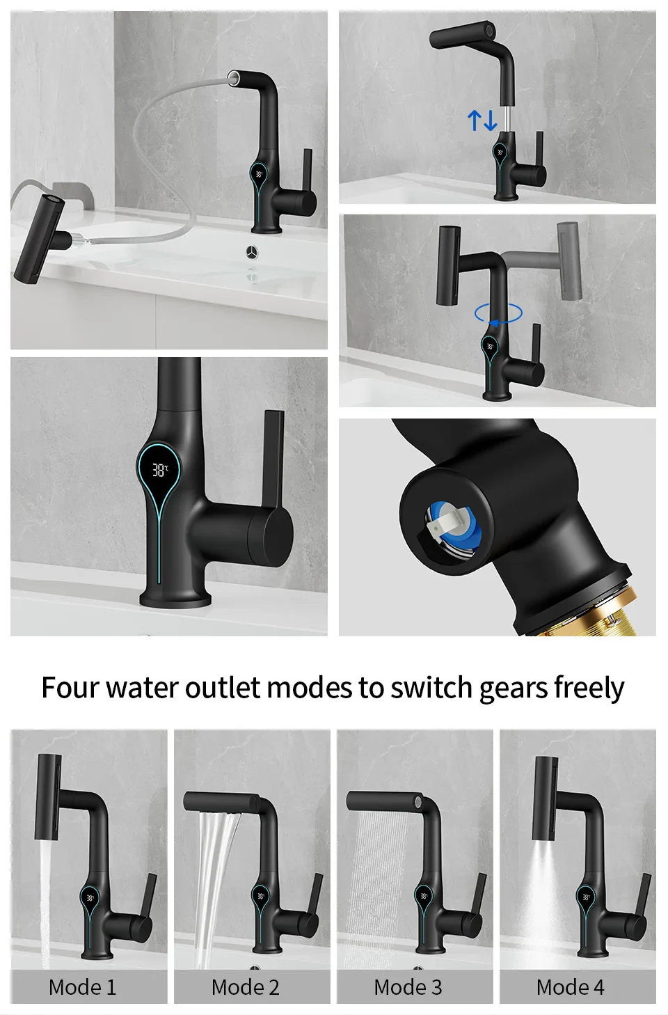 Black matte finish waterfall basin faucet with digital temperature display and four adjustable water outlet modes