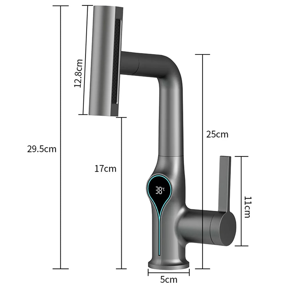 Modern matte gray smart kitchen faucet with digital temperature display and integrated spray head for bathroom sink